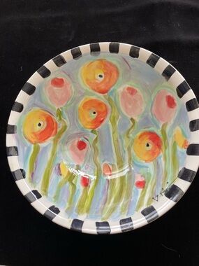 Hand Painted Ceramic “Poppies on Aqua “Bowl  10”x5”Original Design Pottery